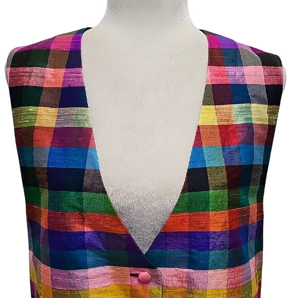 Handcrafted Women's Artistic Multicolor Plaid and Floral 3 Button Vest Size S/M - Picture 6 of 7